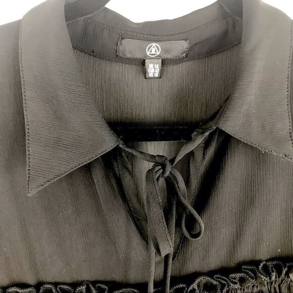 Missguided Semi Sheer Black Poet’s Style Dress with Bell Sleeves and Tie Front - Picture 9 of 15